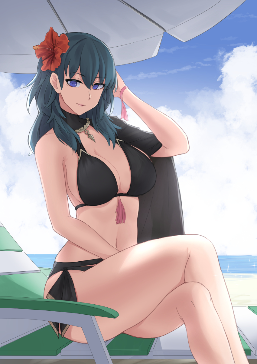 1girl, absurdres, beach, beach_umbrella, bikini, black_bikini, blue_eyes, blue_hair, blue_sky, breasts, female_byleth_(fire_emblem), female_byleth_(summer)_(fire_emblem), cleavage, closed_mouth, cloud, crossed_legs, day, fire_emblem, fire_emblem:_three_houses, fire_emblem_heroes, flower, hair_flower, hair_ornament, highres, large_breasts, looking_at_viewer, navel, nintendo, nottme, official_alternate_costume, outdoors, sitting, sky, smile, solo, swimsuit, umbrella