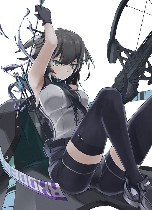 1girl, arknights, arm_up, arrow_(projectile), black_gloves, black_shoes, black_shorts, black_thighhighs