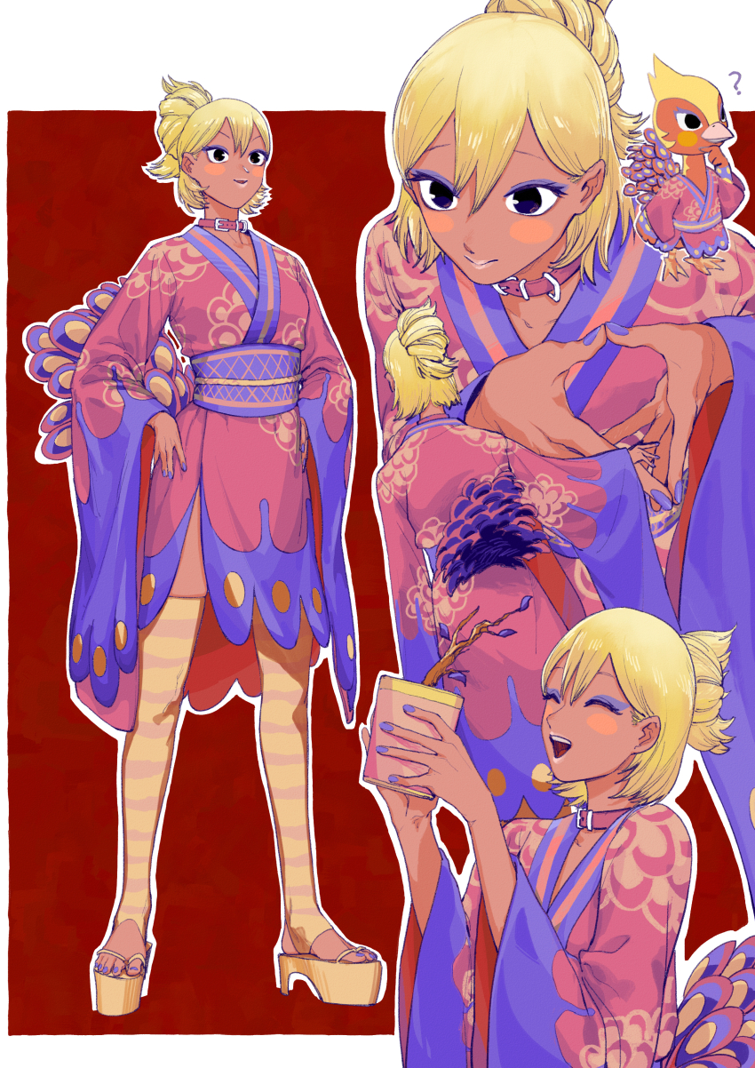 1girl, ?, absurdres, animal_crossing, b9_(rrrqqq), bird, black_eyes, blonde_hair, blush, choker, closed_eyes, eyeshadow, gyaru, hair_up, hands_on_own_hips, highres, japanese_clothes, kimono, kogal, makeup, multiple_views, nail_polish, nintendo, personification, phoebe_(animal_crossing), pink_choker, pink_kimono, plant, platform_clogs, platform_footwear, potted_plant, purple_nails, red_background, sandals, simple_background, standing, striped_clothes, striped_thighhighs, tail, tan, thighhighs, wide_sleeves