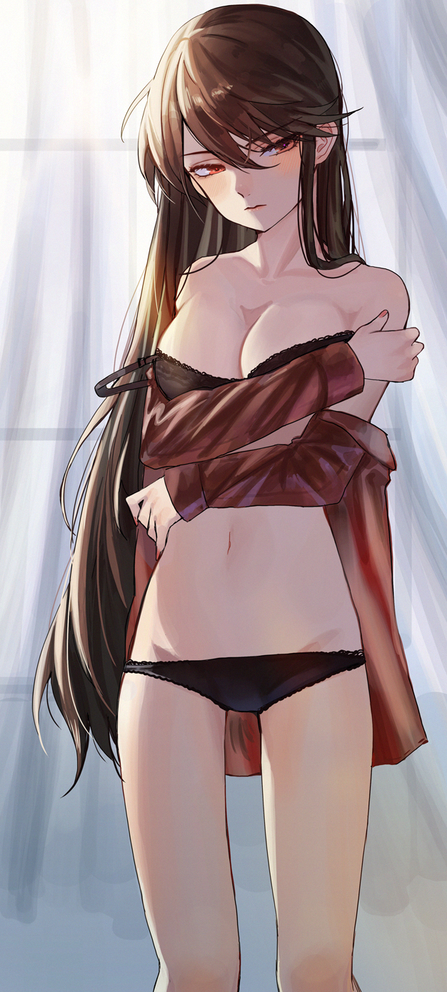 1girl, arm_across_waist, bare_shoulders, black_bra, black_hair, black_panties, blouse, blush