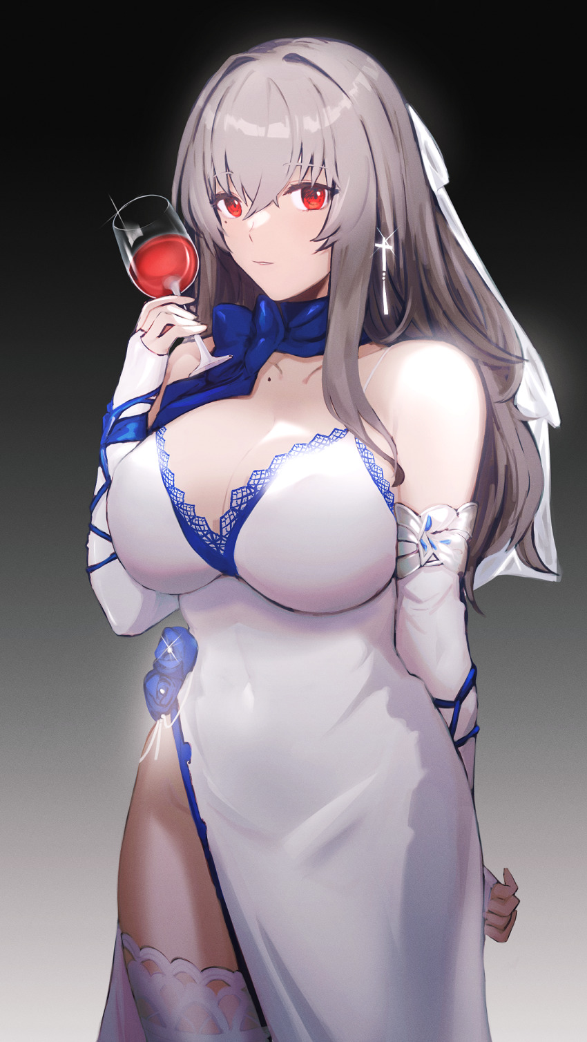 1girl, alcohol, azur_lane, bare_shoulders, blue_bow, blue_scarf, bow, breasts