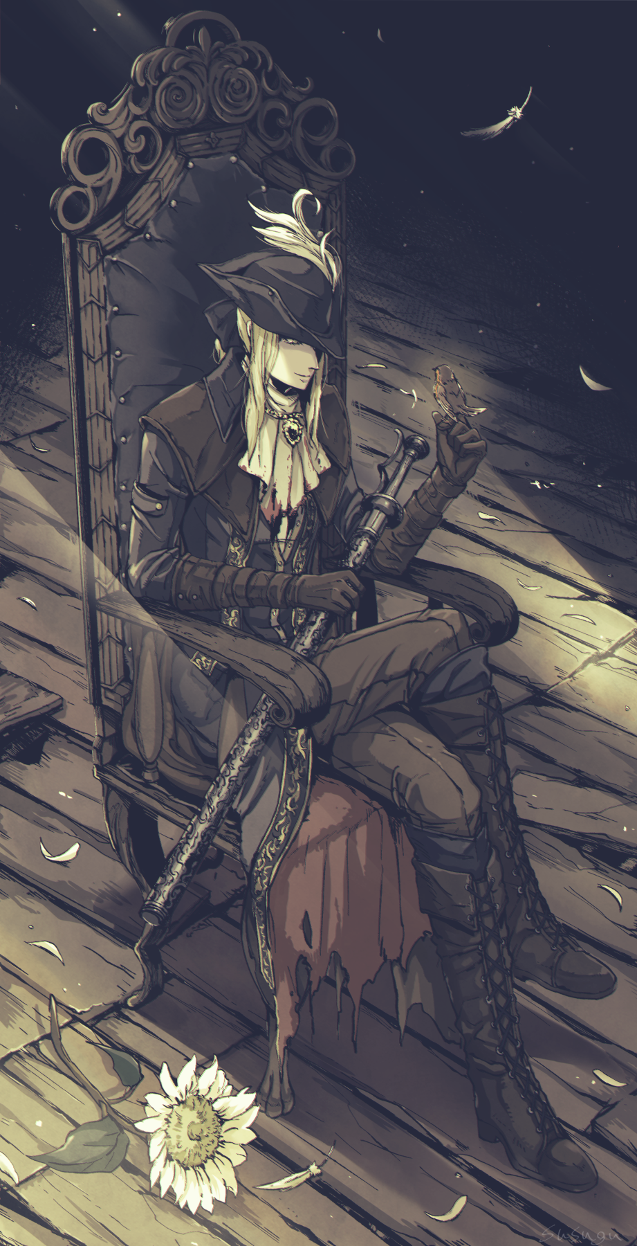 1girl, asa02, bird, blonde_hair, blood, blood_stain, bloodborne, boots, cape, chair, feathers, flower, gloves, happy, hat, hat_feather, highres, lady_maria_of_the_astral_clocktower, petals, ponytail, rakuyo_(bloodborne), torn_cape, torn_clothes, tricorne, weapon, wooden_floor