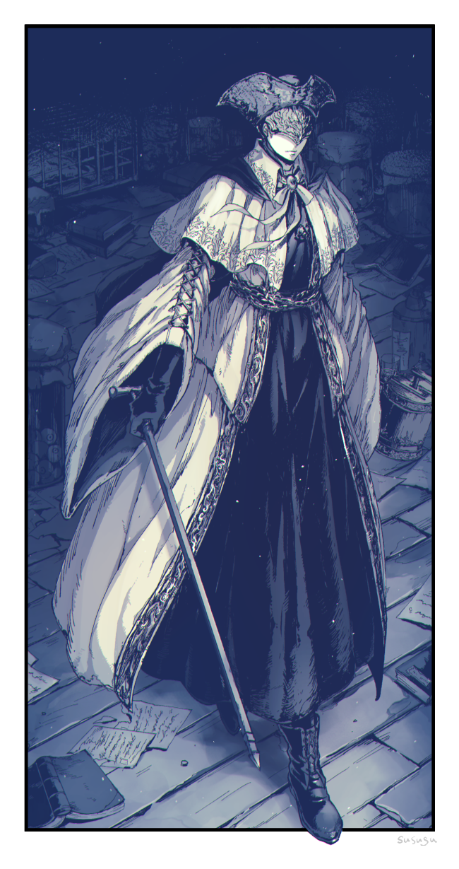 1girl, asa02, bloodborne, book, boots, cane, chain, covered_eyes