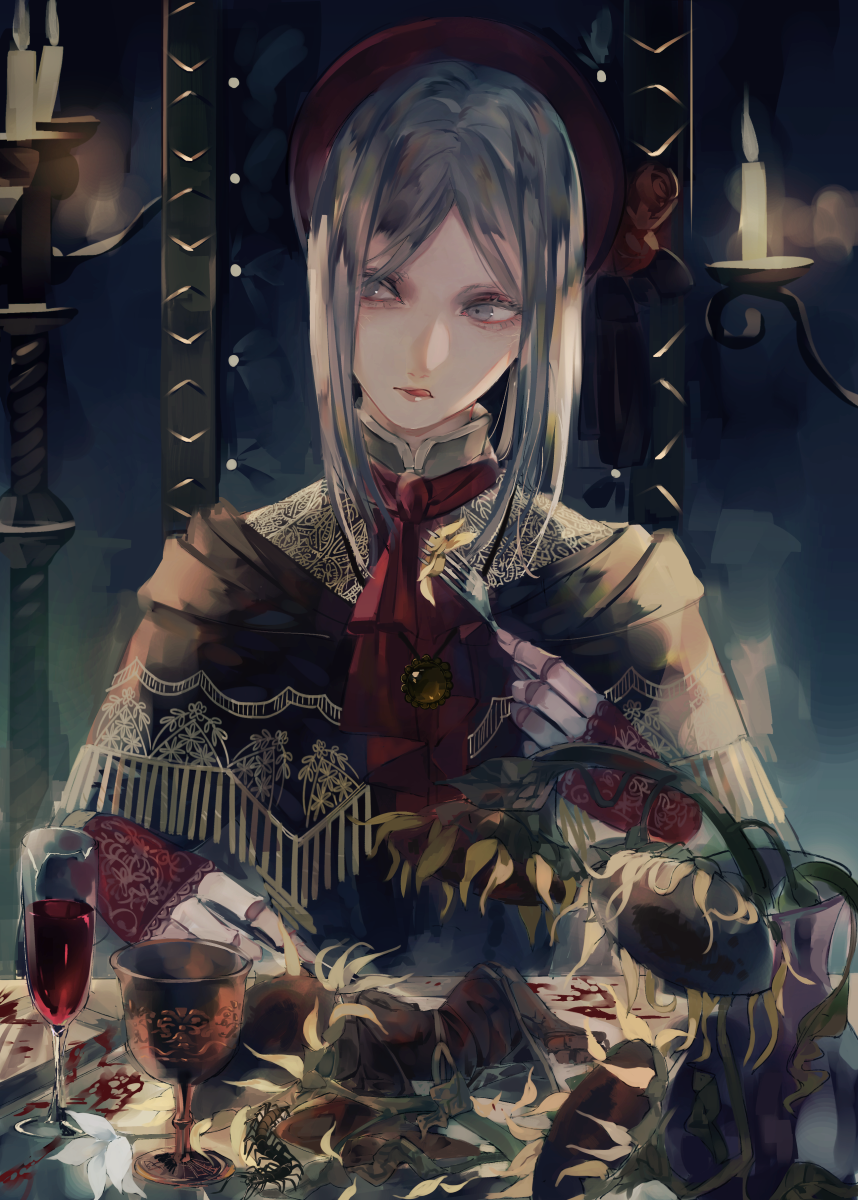 1girl, 1other, blood, blood_stain, bloodborne, bug, candle, centipede