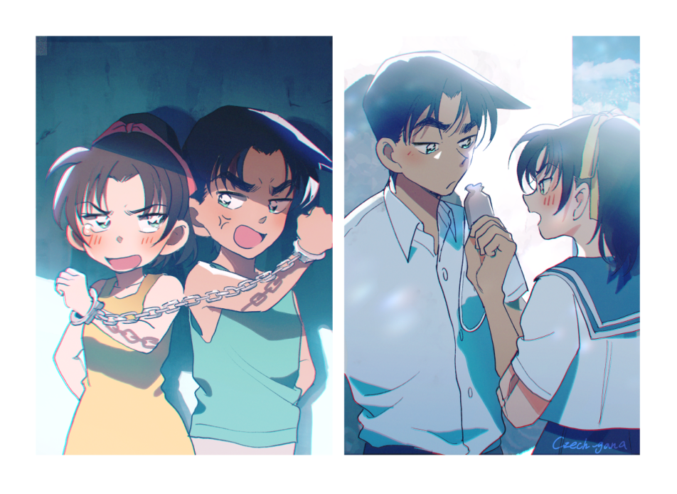 1boy, 1girl, age_comparison, aged_down, anger_vein, angry, aqua_shirt, arm_behind_back