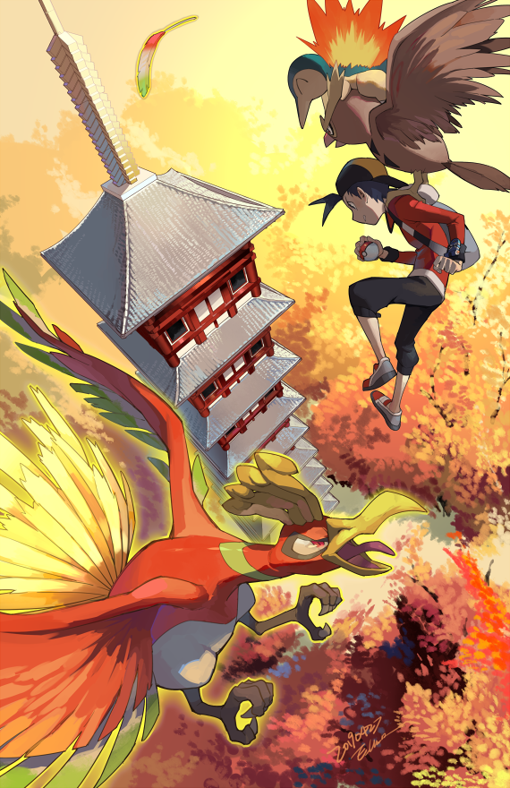 1boy, backwards_hat, baseball_cap, black_hair, building, commentary, cyndaquil, e_volution