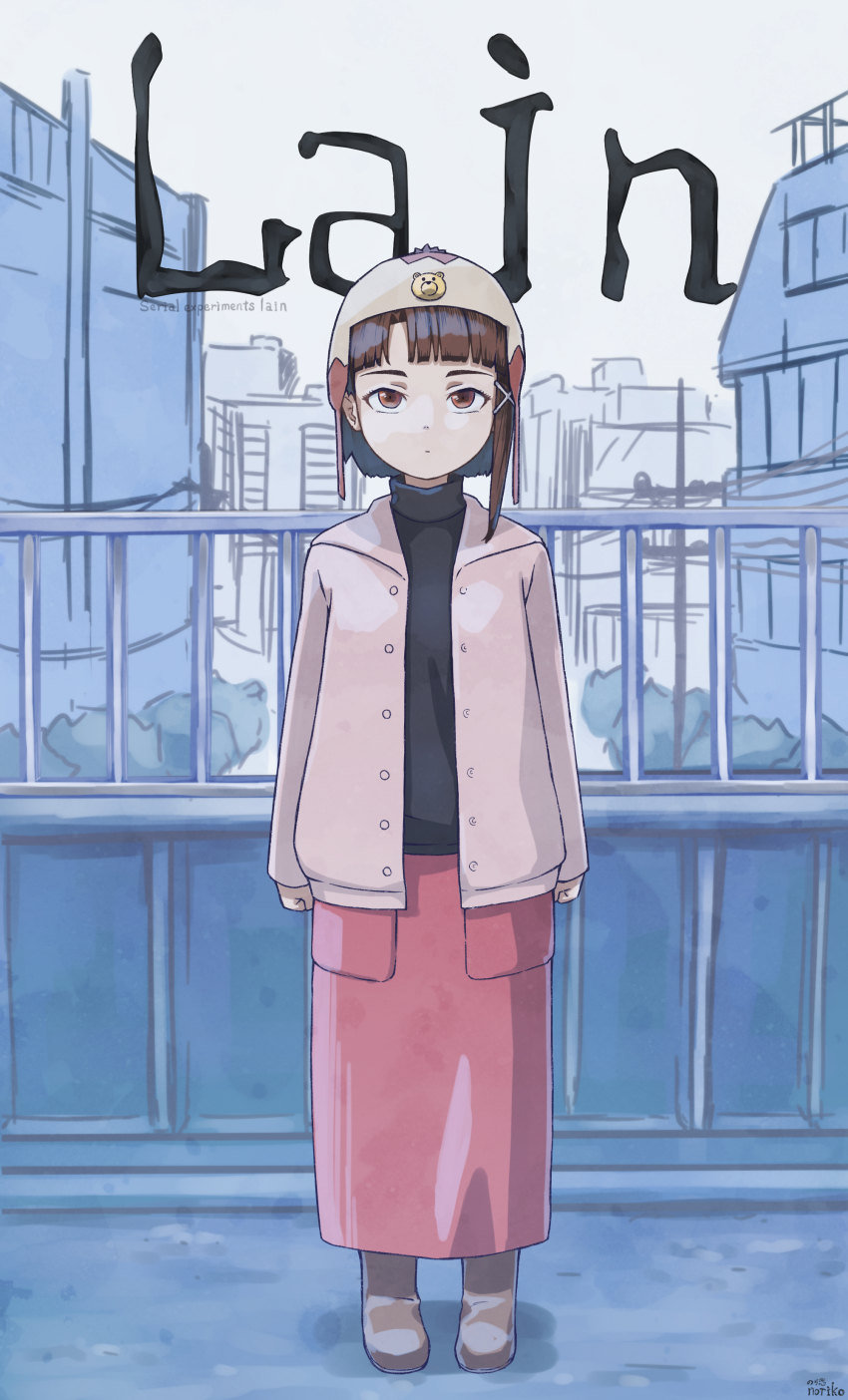 1girl, absurdres, asymmetrical_hair, brown_eyes, brown_hair, closed_mouth, dress, hair_ornament