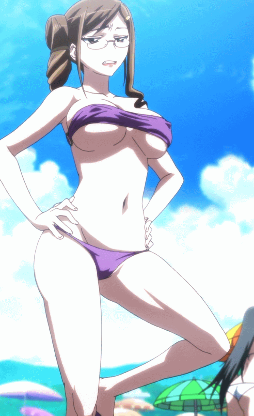 1girl, animated, animated_gif, bandeau, bandeau_bikini, beach, bikini, breasts, brown_eyes, brown_hair, cleavage, covered_erect_nipples, fight_ippatsu!_juuden-chan!!, flip-flops, glasses, hair_ornament, hands_on_own_hips, highres, large_breasts, long_hair, lowleg, lowleg_bikini, lowleg_swimsuit, navel, sandals, scratching, scratching_leg, stitched, swimsuit, tagme, third-party_edit, umbrella