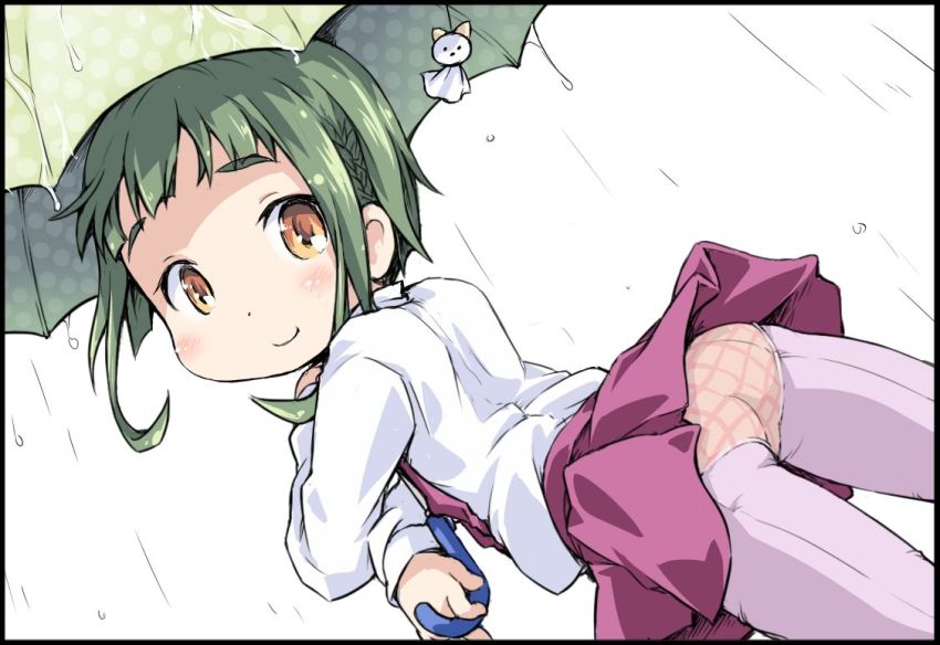 1girl, ass, bob_cut, brown_eyes, dutch_angle, from_behind, green_hair, green_umbrella, grey_pantyhose, halterneck, ham_(points), kantai_collection, long_hair, long_sleeves, looking_at_viewer, looking_back, panties, panties_under_pantyhose, pantyhose, plaid_clothes, plaid_panties, polka_dot, polka_dot_umbrella, rain, shirt, short_hair, sidelocks, simple_background, solo, takanami_(kancolle), teruterubouzu, umbrella, underwear, white_background, white_shirt, yellow_panties