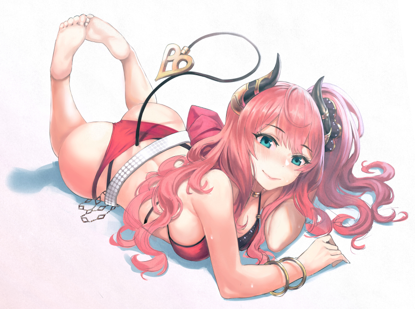 absurdres, ass, barefoot, belt, bikini, blue_eyes, demon_horns, demon_tail, hair_spread_out, highres, horns, huge_filesize, long_hair, lying, mochirong, multicolored_bikini, on_stomach, pink_hair, princess_connect!, red_bikini, simple_background, soles, solo, suzuna_(princess_connect!), suzuna_(summer)_(princess_connect!), swimsuit, tail, the_pose, two-tone_bikini, wavy_hair, white_background