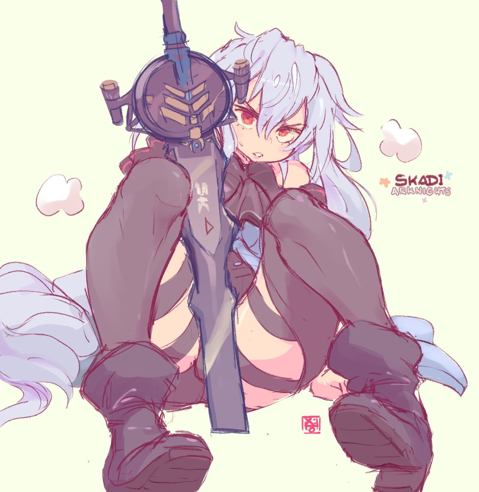 1girl, arknights, artist_name, ascot, bare_shoulders, black_ascot, black_boots, black_shorts