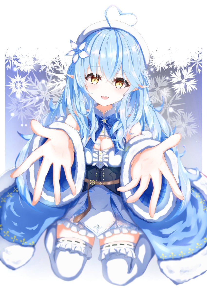 1girl, :d, ahoge, bare_shoulders, beret, blue_hair, blush, breasts