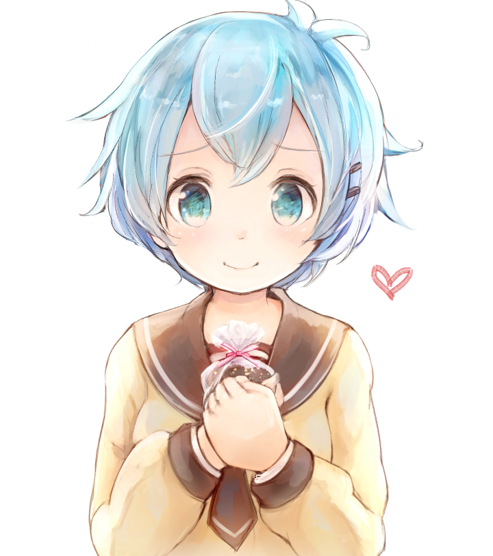 blue_eyes, blue_hair, flower, heart, holding, holding_flower, long_sleeves, own_hands_together