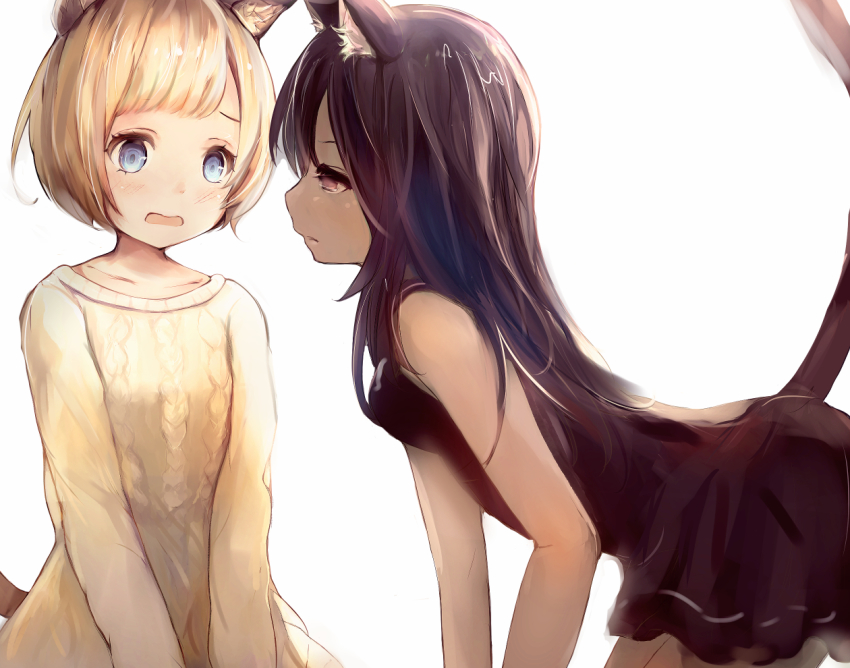 2girls, :o, all_fours, animal_ear_fluff, animal_ears, black_dress, black_hair, blonde_hair
