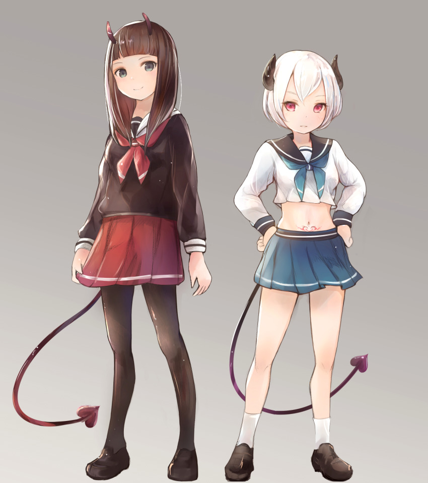 2girls, arms_at_sides, black_eyes, black_footwear, black_horns, black_legwear, black_serafuku, blue_skirt