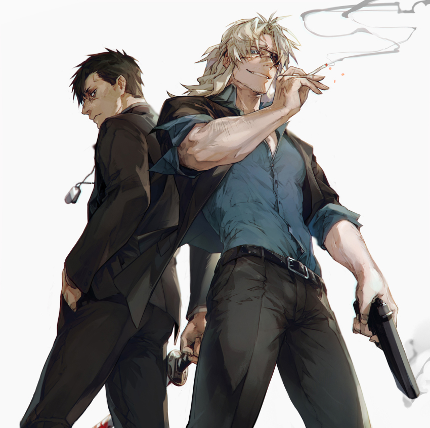 2boys, arm_at_side, belt, black_belt, black_hair, black_jacket, black_pants, blonde_hair