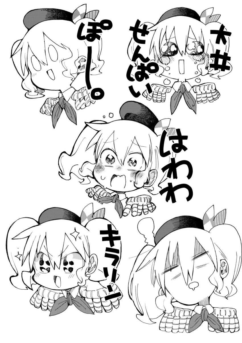 +_+, 1girl, beret, blush, collared_shirt, epaulettes, greyscale, hair_between_eyes