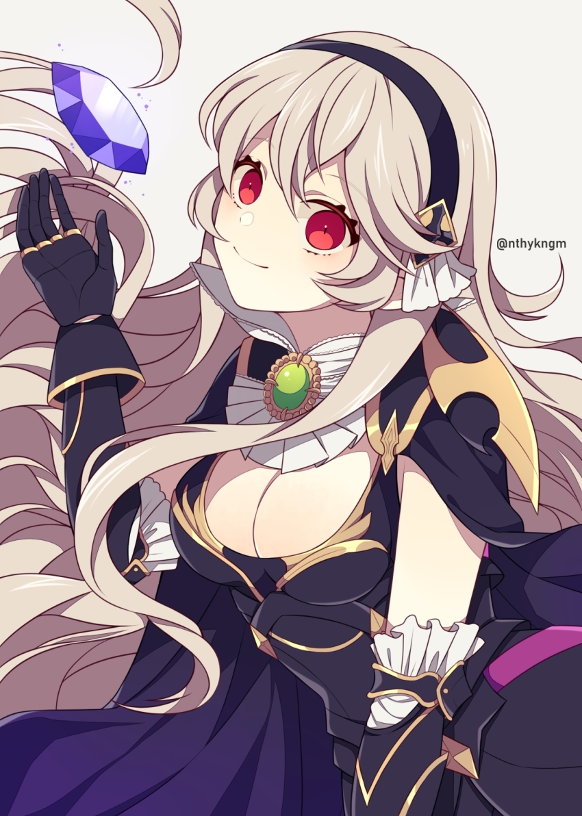 1girl, armor, black_armor, black_hairband, blonde_hair, breasts, cape, cleavage, commentary_request, female_corrin_(fire_emblem), female_corrin_(nohr_noble)_(fire_emblem), crml_orng, fire_emblem, fire_emblem_fates, hairband, highres, large_breasts, long_hair, nintendo, red_eyes, simple_background, slit_pupils, smile, solo, stone, twitter_username, upper_body