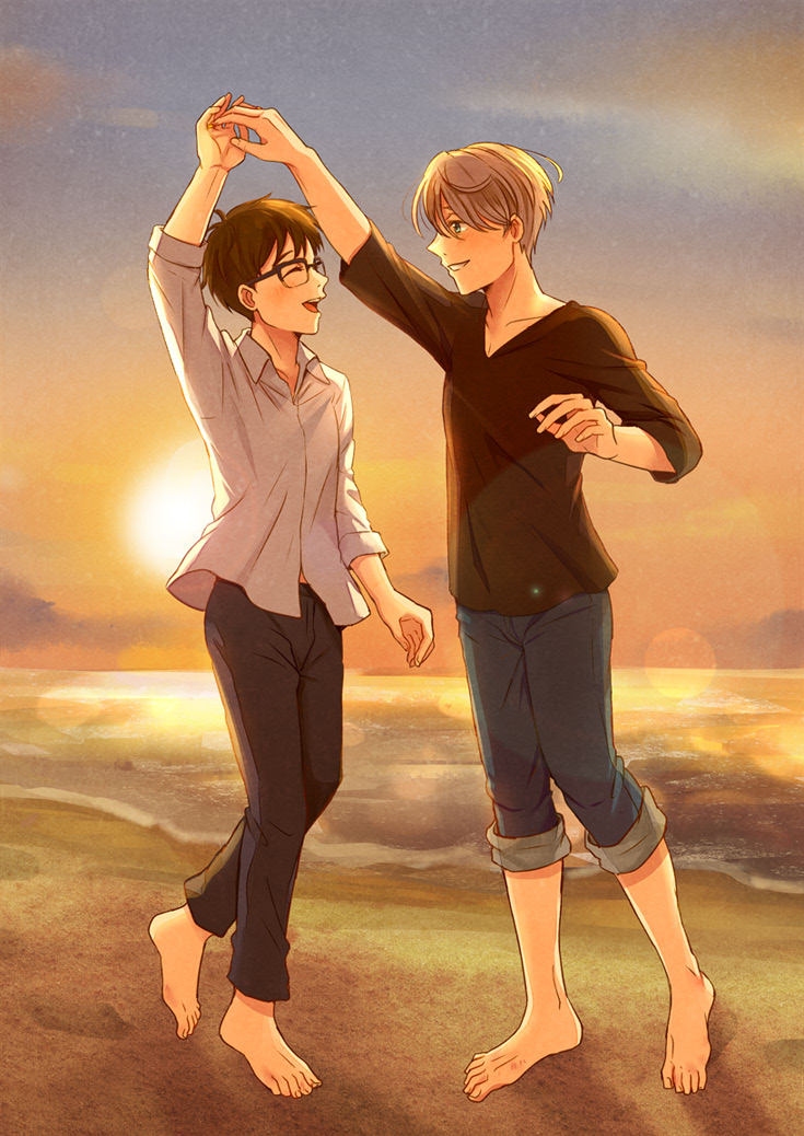 2boys, arm_up, barefoot, beach, black_hair, blue_eyes, collared_shirt, denim