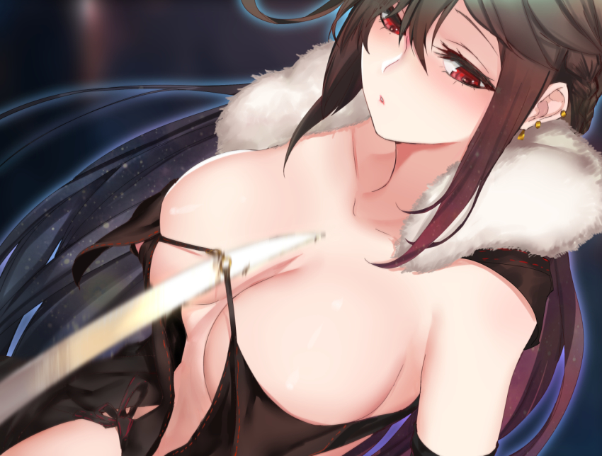 1girl, bare_shoulders, black_dress, blush, breasts, brown_hair, center_opening, cleavage