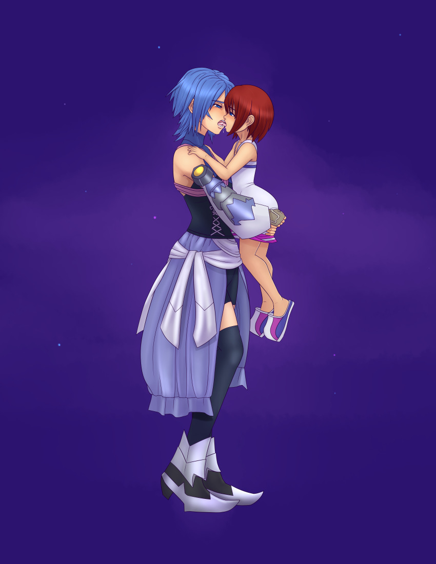 2girls, absurdres, age_difference, aqua_(kingdom_hearts), blue_eyes, blue_hair, blush, child, commission, commissioner_upload, dress, french_kiss, highres, kairi_(kingdom_hearts), kingdom_hearts, kingdom_hearts_birth_by_sleep, kiss, lifting_person, loli, m-a-v-e-r-i-c-k, multiple_girls, onee-loli, red_hair, saliva, short_hair, tongue, tongue_out, yuri