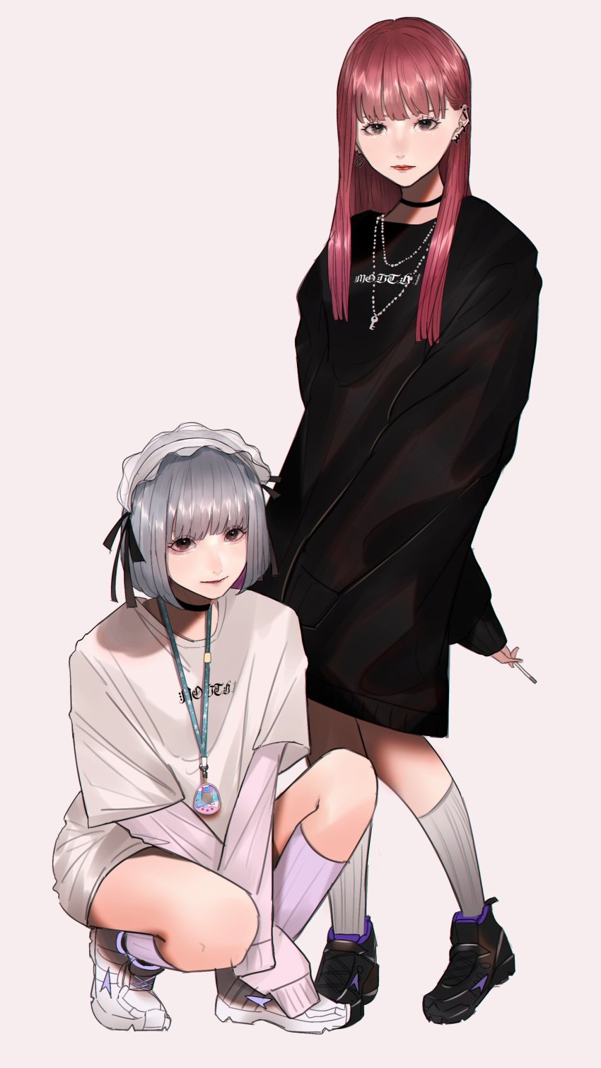 2girls, absurdres, black_eyes, bob_cut, brown_eyes, choker, cigarette, ear_piercing