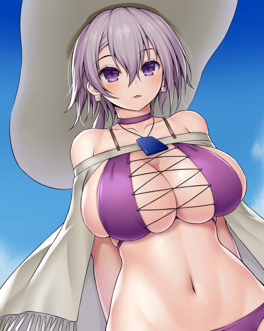 1girl, armpit_crease, arms_behind_back, asamura_hiori, azur_lane, bare_shoulders, bikini, blue_sky, blush, breasts, choker, cleavage, cloak, cloud, collarbone, commentary_request, day, earrings, grey_hair, groin, hair_between_eyes, hat, highres, jewelry, large_breasts, looking_at_viewer, low_ponytail, midriff, navel, parted_lips, ponytail, purple_bikini, purple_choker, purple_eyes, reno_(azur_lane), reno_(summer_spin-off)_(azur_lane), short_hair, sideboob, sidelocks, sky, solo, standing, sun_hat, swimsuit, upper_body, white_cloak