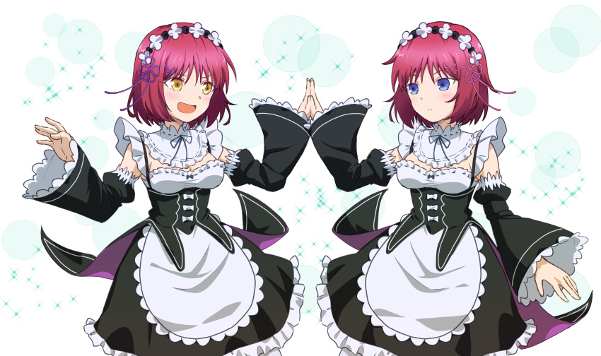 2girls, apron, azami_masurao, black_ribbon, black_skirt, black_sleeves, blue_eyes, breasts