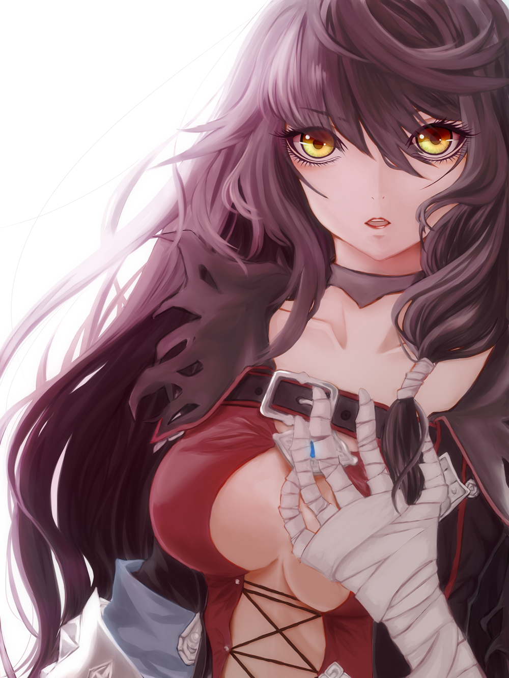 1girl, backlighting, bandaged_arm, bandages, belt_buckle, black_choker, breasts, brown_hair, buckle, choker, cleavage, collarbone, hair_between_eyes, haruka_faraway716, highres, long_hair, looking_at_viewer, medium_breasts, open_mouth, red_lips, solo, tales_of_(series), tales_of_berseria, upper_body, velvet_crowe, very_long_hair, white_background, yellow_eyes