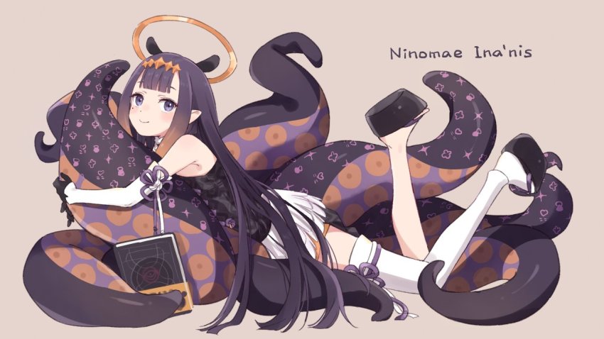 1girl, black_dress, blunt_bangs, book, character_name, demirinz, dress, english_text, full_body, gloves, halo, hololive, hololive_english, holomyth, long_hair, looking_at_viewer, mole, mole_under_eye, ninomae_ina'nis, ninomae_ina'nis_(1st_costume), platform_clogs, pointy_ears, purple_hair, sandals, sidelocks, smile, solo, tentacle_hair, tentacles, thighhighs, virtual_youtuber, zouri