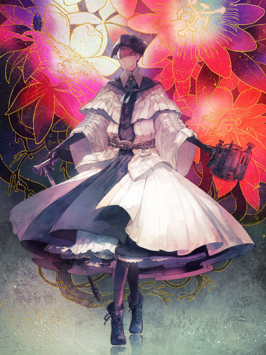 1girl, bloodborne, boots, cane, chain, covered_eyes, dress, flower