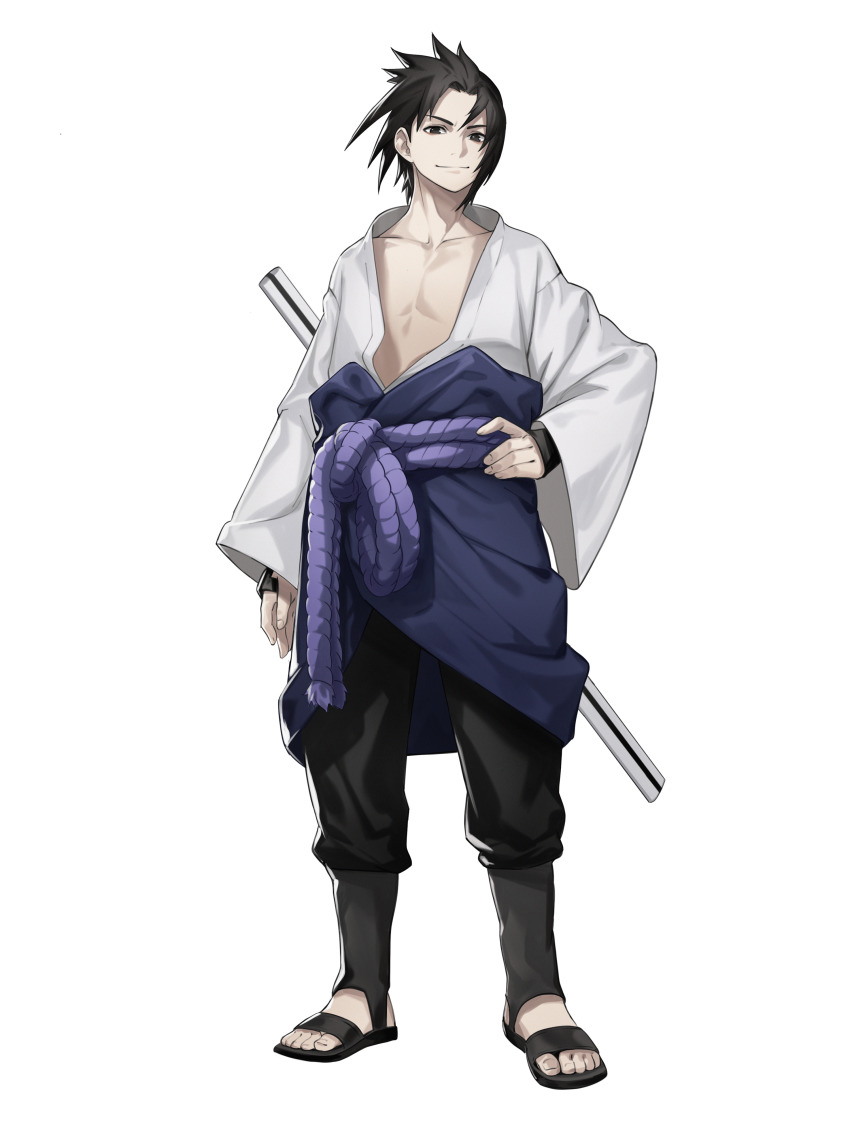 1boy, absurdres, arm_at_side, black_eyes, black_hair, black_pants, black_sandals, closed_mouth, collarbone, full_body, hand_on_own_hip, highres, himmel_(allsky83), japanese_clothes, long_sleeves, looking_at_viewer, male_focus, naruto_(series), naruto_shippuuden, open_clothes, pants, pectorals, sandals, sheath, simple_background, smile, solo, spiked_hair, standing, uchiha_sasuke, weapon, weapon_on_back, white_background