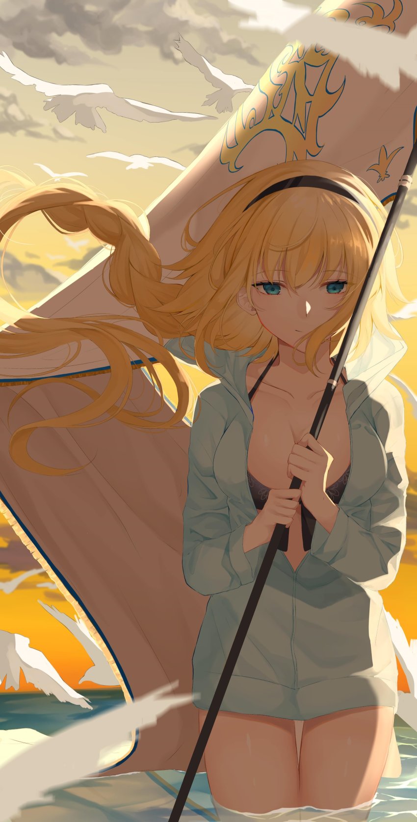 1girl, absurdres, bad_id, bad_twitter_id, bikini, black_bikini, black_hairband, blonde_hair