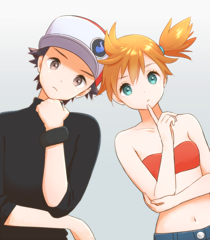 1boy, 1girl, aqua_eyes, badge, baseball_cap, black_hair, blue_shorts, bracelet, closed_mouth, collarbone, commentary_request, eyelashes, grey_eyes, hair_between_eyes, hair_tie, hand_on_own_chin, hand_on_own_elbow, hat, head_tilt, heads_together, index_finger_raised, jewelry, looking_at_viewer, misty_(pokemon), navel, nintendo, orange_hair, pokemon, pokemon:_let's_go_pikachu!_and_let's_go_eevee!, pokemon_masters_ex, popela, red_(pokemon), red_(sygna_suit)_(pokemon), shorts, side_ponytail, spiked_hair, three-quarter_sleeves, turtleneck