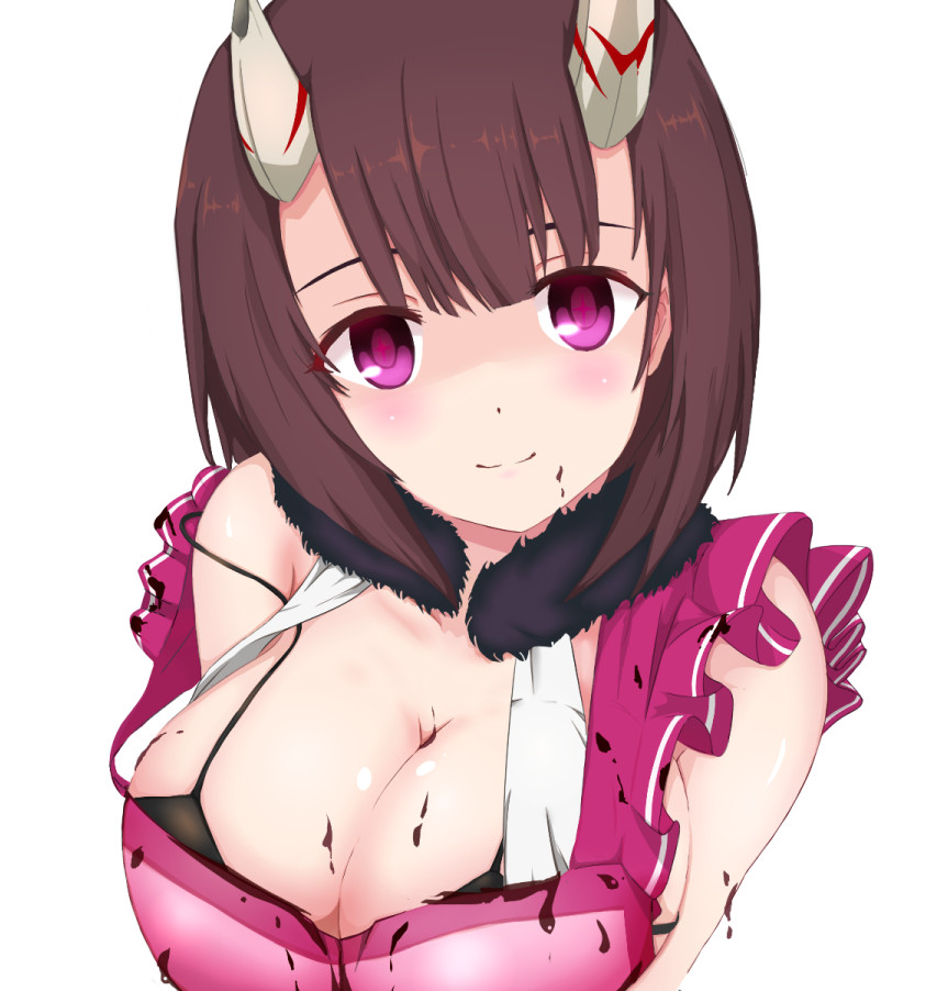 +_+, 1girl, apron, black_bra, blush, bra, breasts, broken_horn, brown_hair, chocolate, chocolate_on_body, chocolate_on_breasts, chocolate_on_face, cleavage, demon_girl, demon_horns, eriko_(princess_connect!), eriko_(valentine)_(princess_connect!), food, food_on_body, food_on_face, fur_collar, head_tilt, horns, large_breasts, looking_at_viewer, pink_apron, princess_connect!, purple_eyes, sa_(nax49), short_hair, simple_background, smile, solo, split_mouth, underwear, upper_body, white_background