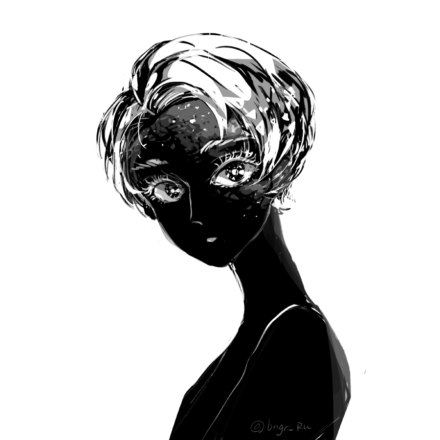 1other, androgynous, black_skin, cairngorm_(houseki_no_kuni), colored_skin, eri_na, eyelashes, from_side, greyscale, houseki_no_kuni, looking_at_viewer, monochrome, other_focus, portrait, short_hair, simple_background, solo, white_background, white_eyes, white_hair