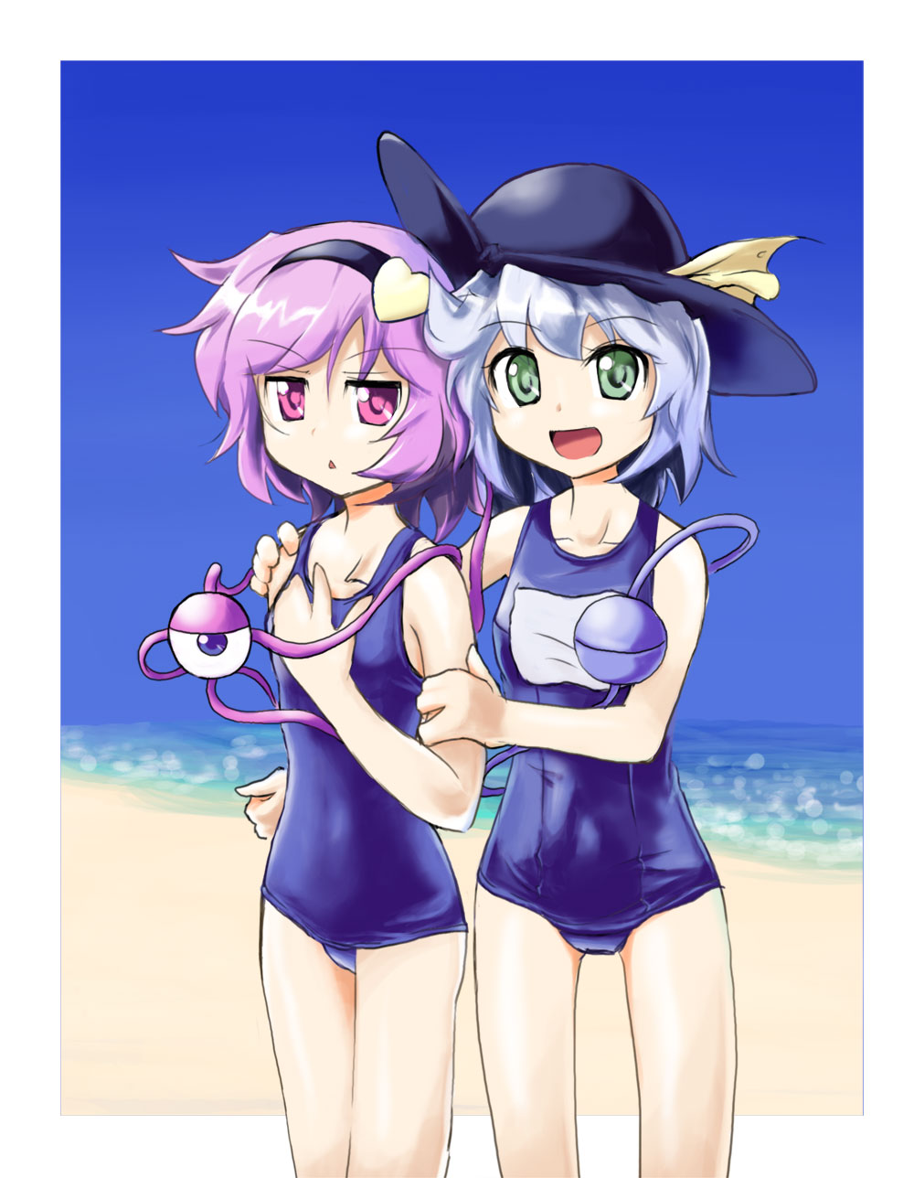 2girls, beach, female_focus, green_eyes, hairband, hat, heart, highres