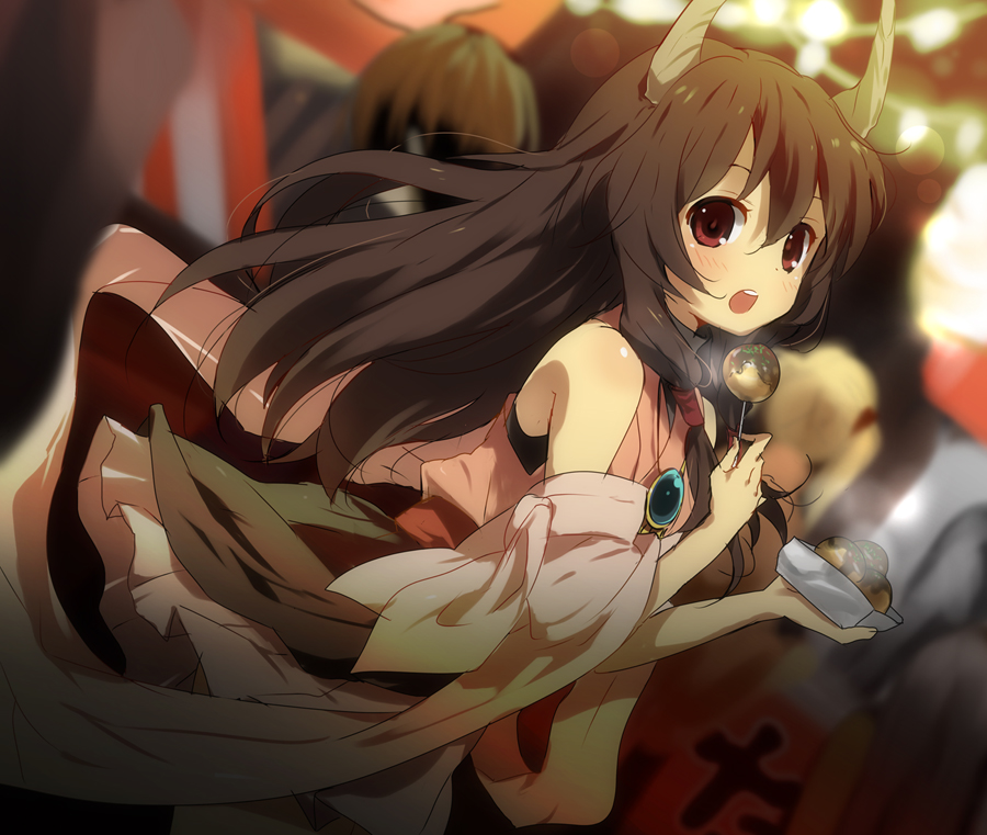 bare_shoulders, brown_hair, eating, food, horns, jewelry, kl_(dgzonbi), long_hair, naga_(staygarden), necklace, red_hair, ryuujin_naga, solo