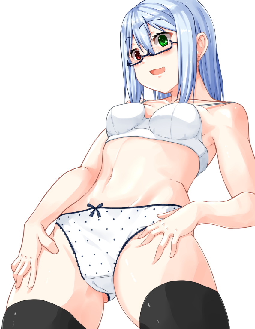 1girl, :d, black-framed_eyewear, black_thighhighs, blue_hair, bow, bow_panties, bra, breasts, cameltoe, commentary, crotch_seam, gluteal_fold, green_eyes, heterochromia, highres, izumo_konata, lace, lace-trimmed_panties, lace_trim, looking_at_viewer, medium_hair, navel, open_mouth, original, panties, polka_dot, polka_dot_panties, red_eyes, semi-rimless_eyewear, simple_background, small_breasts, smile, solo, standing, thighhighs, under-rim_eyewear, underwear, underwear_only, white_background, white_bra, white_panties