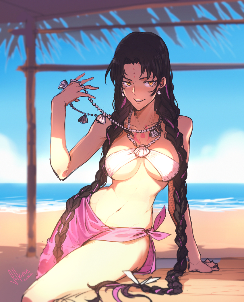 1girl, arm_support, beach, bikini, black_hair, blue_sky, braid, breasts, chest_tattoo, collarbone, commentary, dated, day, earrings, english_commentary, facial_mark, fate/extra, fate/extra_ccc, fate/grand_order, fate_(series), forehead_mark, highres, jewelry, large_breasts, leaning_on_object, long_hair, looking_to_the_side, multicolored_hair, navel, necklace, outdoors, parted_bangs, parted_lips, pearl_earrings, pearl_necklace, pink_hair, pink_sarong, sarong, sessyoin_kiara, sessyoin_kiara_(swimsuit_mooncancer)_(first_ascension), shaded_face, shell, shell_necklace, signature, sky, solkorra, solo, swimsuit, tattoo, twin_braids, two-tone_hair, v-shaped_eyebrows, very_long_hair, water, white_bikini, yellow_eyes