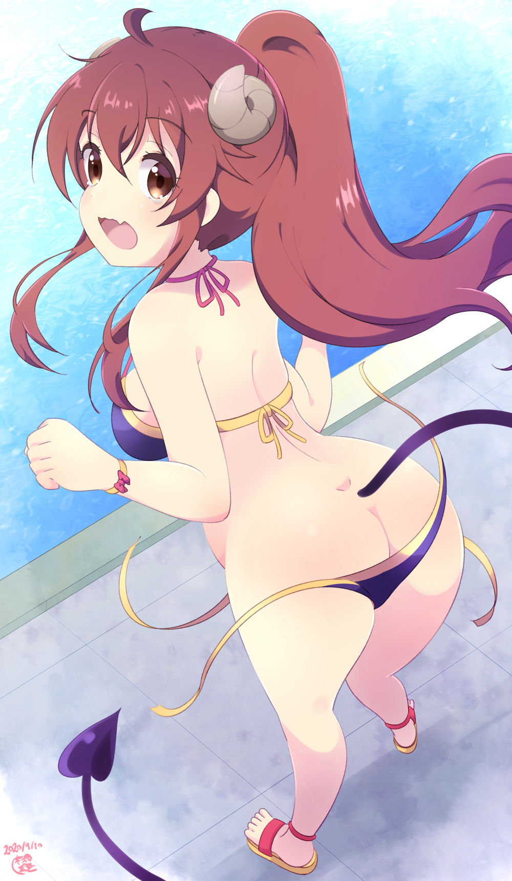 1girl, aosora_neko, ass, bikini, blush, breasts, brown_eyes, brown_hair, butt_crack, demon_girl, demon_horns, demon_tail, fang, highres, horns, large_breasts, long_hair, looking_at_viewer, looking_back, machikado_mazoku, open_mouth, ponytail, solo, swimsuit, tail, wardrobe_malfunction, yoshida_yuuko