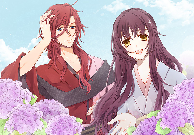 1boy, 1girl, brown_hair, day, enishi_(ken_ga_kimi), flower, hair_between_eyes, hand_on_own_head, hydrangea, igaguriiiii, japanese_clothes, kayo_(ken_ga_kimi), ken_ga_kimi, kimono, long_hair, outdoors, red_hair, red_kimono