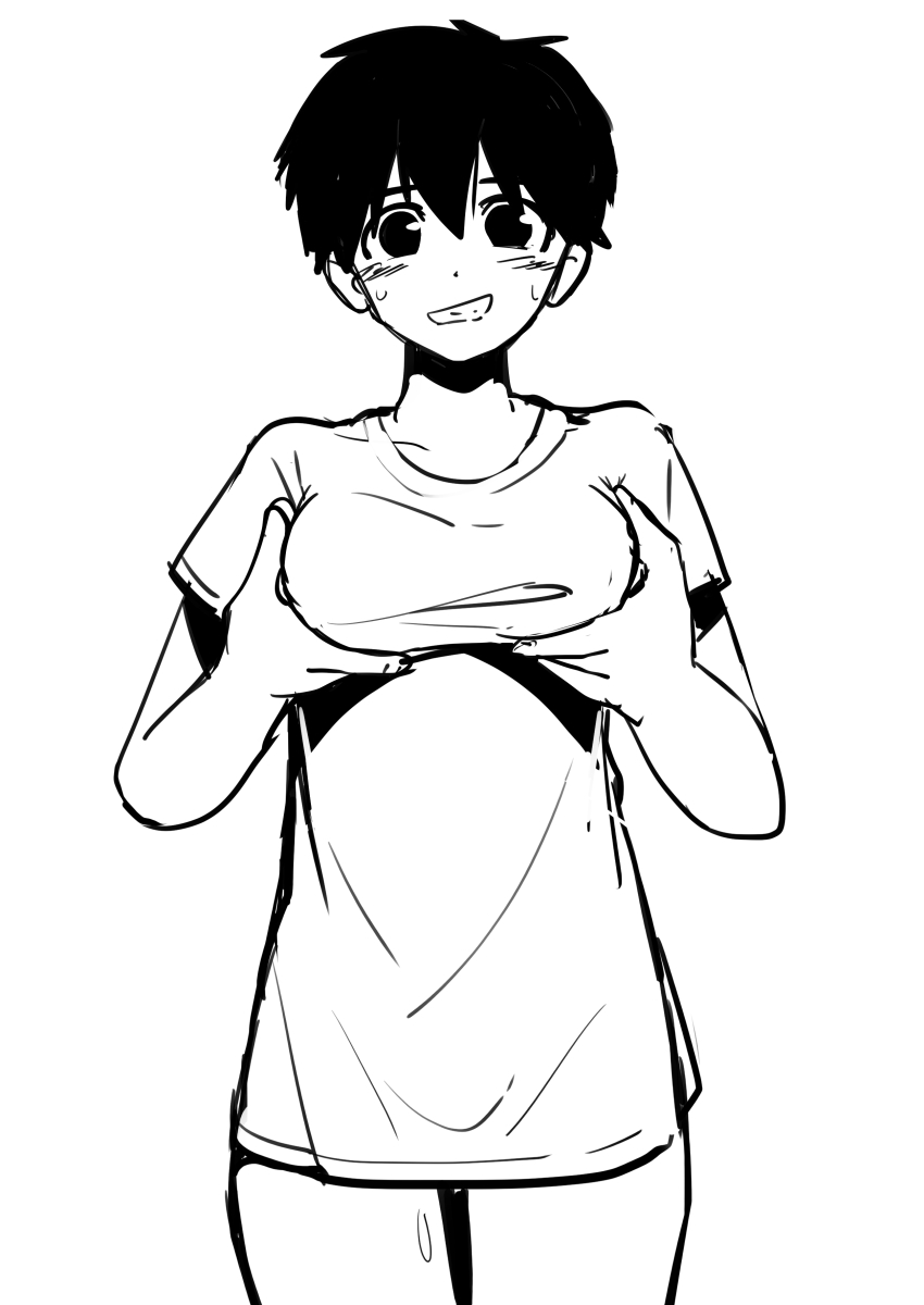 1girl, absurdres, blush, breast_lift, breasts, female_focus, grabbing_own_breast, grin