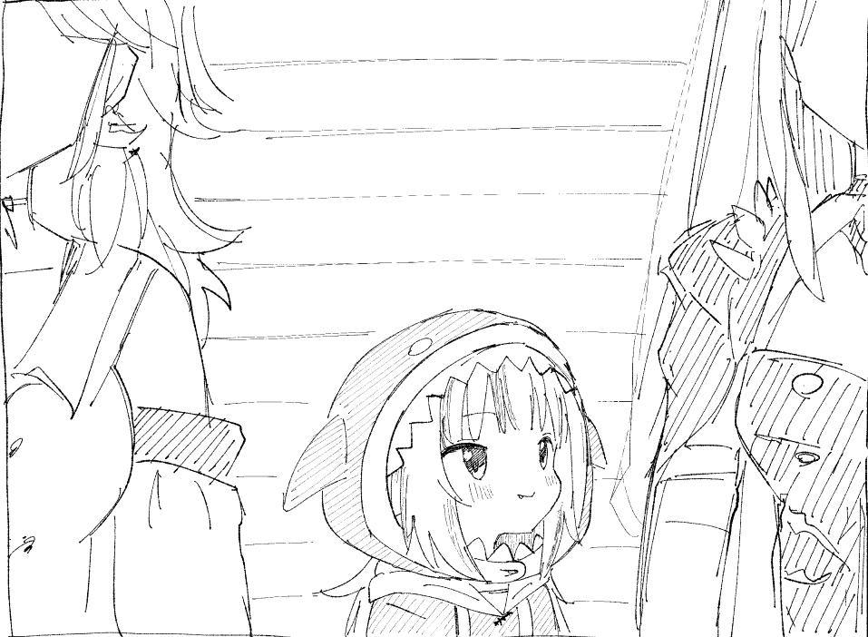 3girls, animal_costume, blush, detached_sleeves, fins, gawr_gura, gawr_gura_(1st_costume), greyscale, height_difference, hololive, hololive_english, hood, hoodie, long_hair, looking_to_the_side, medium_hair, monochrome, mori_calliope, multiple_girls, shark_costume, size_difference, smile, solo_focus, spikes, takanashi_kiara, upper_body, vanilla_itachi, virtual_youtuber