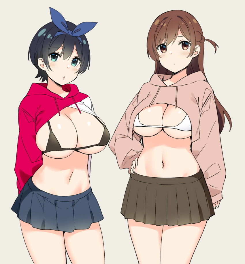 2girls, alternate_breast_size, arms_behind_back, black_bra, black_hair, black_skirt, blue_eyes, blue_skirt