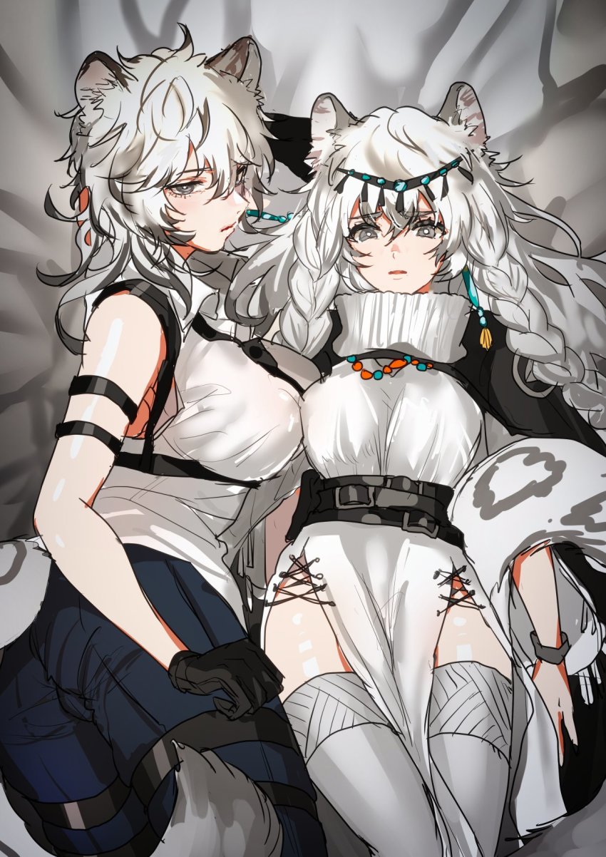 2girls, animal_ears, arknights, arm_strap, bare_arms, bare_shoulders, black_cape, black_gloves, blue_pants, braid, breasts, cape, commentary_request, dress, genderswap, genderswap_(mtf), gloves, grey_eyes, grey_legwear, hair_between_eyes, head_chain, highres, hominamia, jewelry, long_hair, looking_at_viewer, medium_breasts, multiple_girls, pants, pramanix_(arknights), shirt, siblings, silver_hair, silverash_(arknights), silverash_(elite_ii)_(arknights), sisters, sleeveless, sleeveless_shirt, snow_leopard_ears, snow_leopard_tail, tail, thighhighs, thighs, twin_braids, white_dress, white_shirt