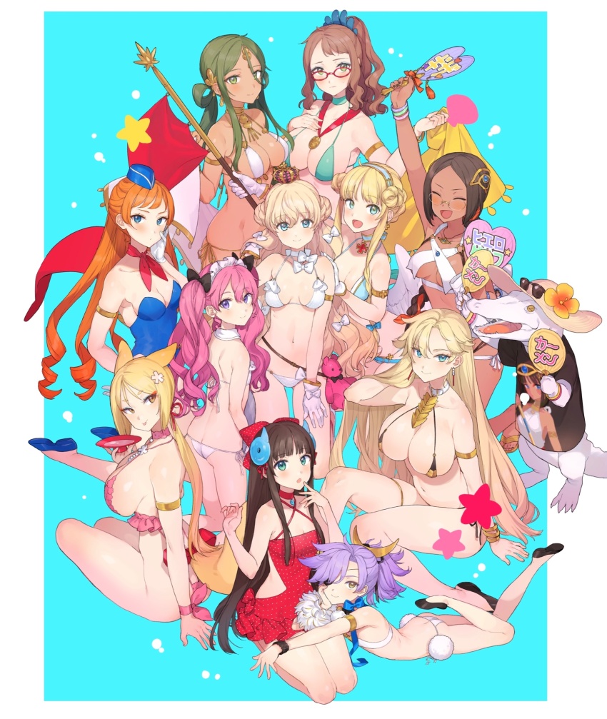 6+girls, abe_no_seimei_(eiyuu_senki), animal_ears, aristotle_(eiyuu_senki), ashoka_(eiyuu_senki), bikini, bow, breasts, character_request, choker, dark-skinned_female, dark_skin, date_masamune_(eiyuu_senki), ector_(eiyuu_senki), eiyuu_senki_gold, eyepatch, fox_ears, fox_tail, gilgamesh_(eiyuu_senki), glasses, hair_bow, hair_bun, hand_fan, highres, himiko_(eiyuu_senki), jeanne_d'arc_(eiyuu_senki), king_arthur_(eiyuu_senki), maid_headdress, micro_bikini, multiple_girls, napoleon_bonaparte_(eiyuu_senki), neckerchief, paper_fan, side-tie_bikini_bottom, single_hair_bun, swimsuit, tail, tutankhamun_(eiyuu_senki), twintails, uchiwa, ygcn