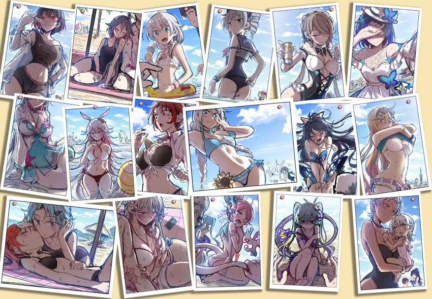 1boy, 6+girls, absurdres, adam_(honkai_impact), ass, beach, bikini, black_hair, blue_hair, blue_sky, blush, breasts, bronya_zaychik, bronya_zaychik_(school_swimsuit), captain_(honkai_impact), carole_peppers, durandal_(honkai_impact), durandal_(purrfect_holiday)_(honkai_impact), fei_luo_mao, food, frederica_nikola_tesla, fu_hua, hair_over_one_eye, highres, honkai_(series), honkai_impact_3rd, innertube, kallen_kaslana, kiana_kaslana, kiana_kaslana_(herrscher_of_the_void), kiana_kaslana_(parasol_kaiserin), kiana_kaslana_(sunny_beach), large_breasts, lewis_(honkai_impact), lieserl_albert_einstein, light_brown_hair, liliya_olenyeva, liliya_olenyeva_(wave_galactica), low_ponytail, mole, mole_on_breast, multicolored_hair, multiple_girls, murata_himeko, murata_himeko_(black_mamba), one-piece_swimsuit, photo_(object), pink_hair, ponytail, popsicle, raiden_mei, raiden_mei_(vast_ocean), red_hair, rita_rossweisse, rita_rossweisse_(icy_sea_spray), rita_rossweisse_(phantom_iron), rozaliya_olenyeva, rozaliya_olenyeva_(coral_sunrise), school_uniform, seele_(alter_ego), seele_vollerei, seele_vollerei_(papilio_lily), seele_vollerei_(swallowtail_phantasm), silver_hair, sketch, sky, smile, swim_ring, swimsuit, tail, tail_grab, theresa_apocalypse, theresa_apocalypse_(morning_sunshine), twintails, two-tone_hair, yae_sakura, yae_sakura_(summer_dream)
