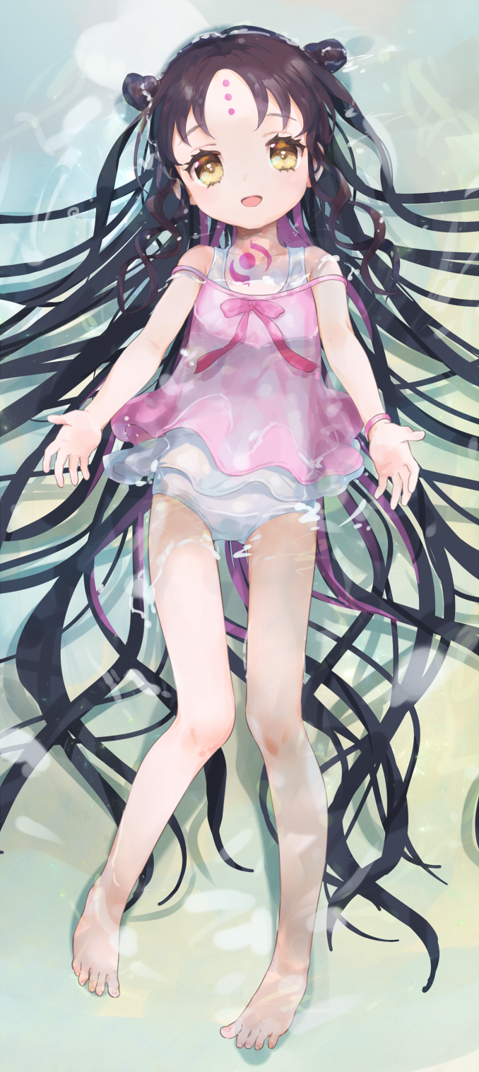 1girl, arms_up, bad_id, bad_pixiv_id, barefoot, black_hair, brown_eyes, camisole