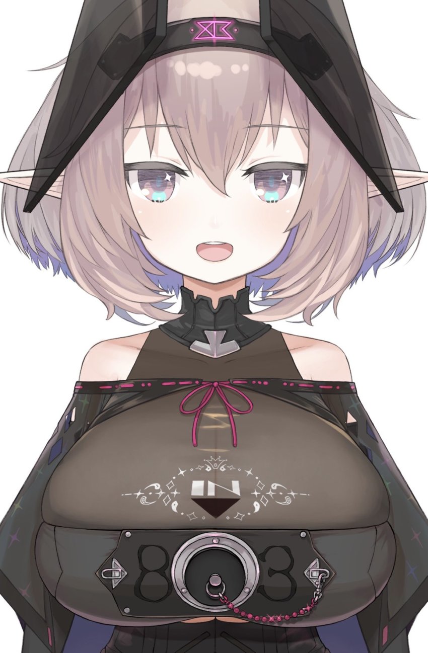 1girl, bare_shoulders, breasts, brown_eyes, brown_hair, close-up, highres, hourglass_print, huge_breasts, long_pointy_ears, looking_at_viewer, mikasayaki, open_mouth, original, pointy_ears, short_hair, solo, upper_body, white_background